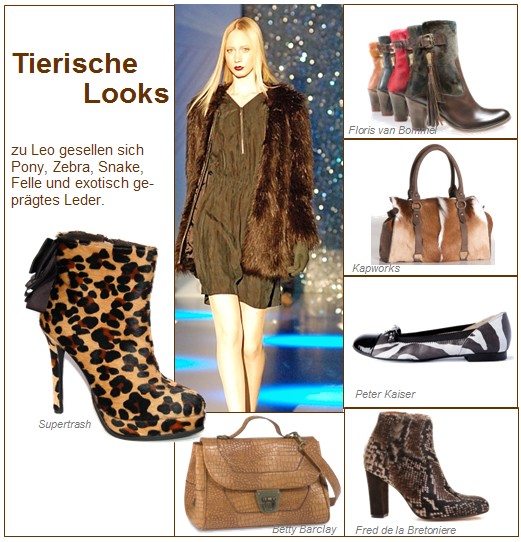 Tierische Looks: Ankleboots im Leolook von Supertrash, Ankleboots mit Ponyfell von Floris van Bommel, Kuhfelltasche von Kapworks, Ballerinas mit Zebra-Streifen Peter Kaiser, Ankleboots von Fred de la Bretoniére